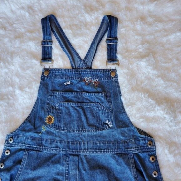 AGAPO Floral Embroidered 90s Cropped Vintage Denim Overalls Sz L Garden Blue - Picture 4 of 9